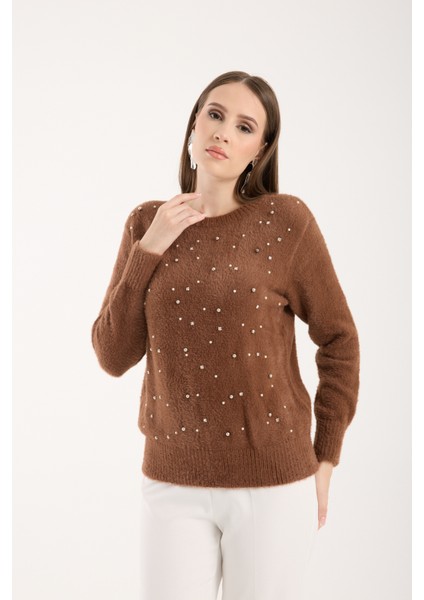 Kadın Taba Sakal Iplik Taş ve Inci Detaylı Bisiklet Yaka Triko Kazak fiyatları
