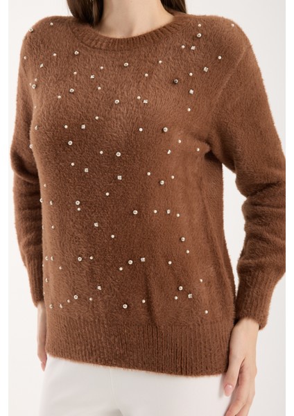 Kadın Taba Sakal Iplik Taş ve Inci Detaylı Bisiklet Yaka Triko Kazak modelleri