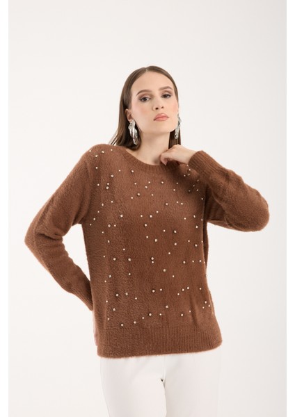 Kadın Taba Sakal Iplik Taş ve Inci Detaylı Bisiklet Yaka Triko Kazak fırsatları