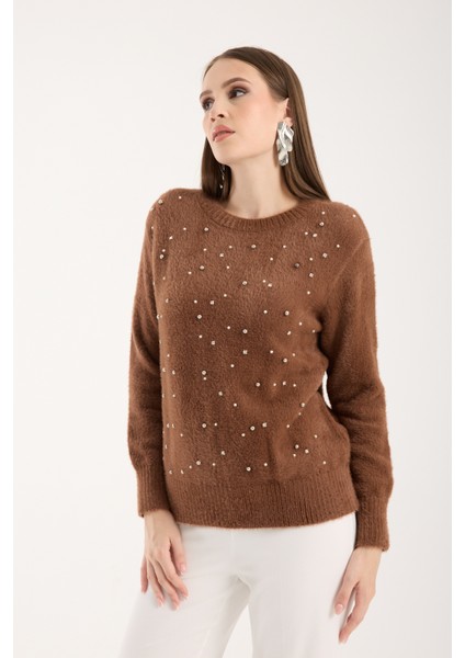 Kadın Taba Sakal Iplik Taş ve Inci Detaylı Bisiklet Yaka Triko Kazak indirimleri