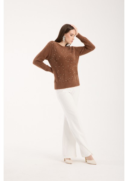 Kadın Taba Sakal Iplik Taş ve Inci Detaylı Bisiklet Yaka Triko Kazak
