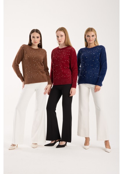 Kadın Taba Sakal Iplik Taş ve Inci Detaylı Bisiklet Yaka Triko Kazak