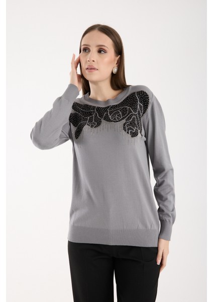 Kadın Gri Elit Viskon Kumaş Taş Detaylı Bisiklet Yaka Triko Bluz fiyatları