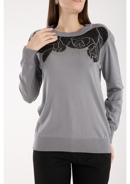 Kadın Gri Elit Viskon Kumaş Taş Detaylı Bisiklet Yaka Triko Bluz modelleri