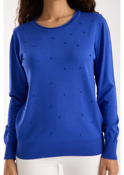 Kadın Saks Mavisi Elit Viskon Kumaş Taş ve Inci Detaylı Yuvalak Yaka Triko Bluz modelleri
