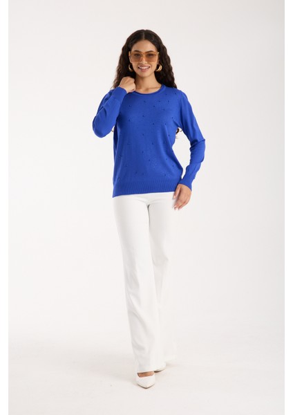 Kadın Saks Mavisi Elit Viskon Kumaş Taş ve Inci Detaylı Yuvalak Yaka Triko Bluz