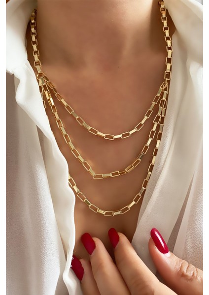 Üç Sıralı Geometrik Zincir Gold Kolye