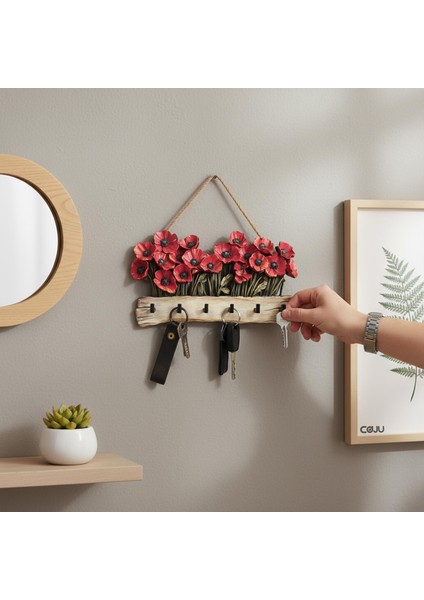 Dekoratif Kırmızı Gelincik Çiçek Motifli Katmanlı Askılık Anahtarlık Duvar Dekoru fiyatları