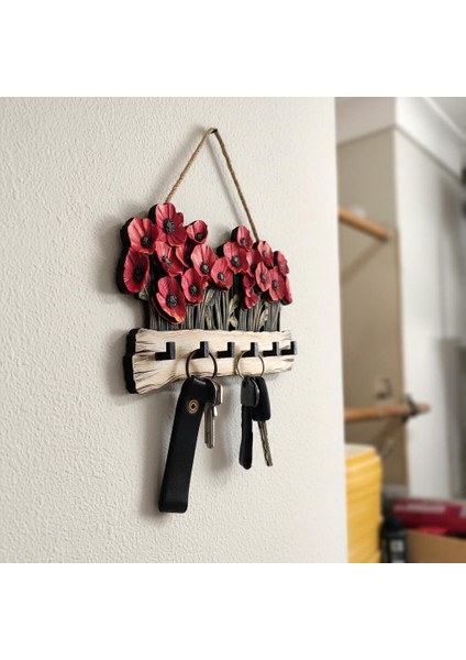 Dekoratif Kırmızı Gelincik Çiçek Motifli Katmanlı Askılık Anahtarlık Duvar Dekoru modelleri