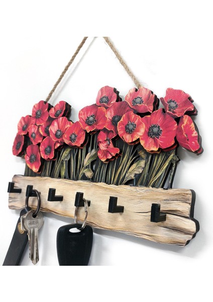 Dekoratif Kırmızı Gelincik Çiçek Motifli Katmanlı Askılık Anahtarlık Duvar Dekoru fırsatları