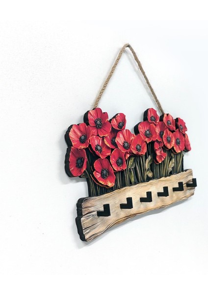 Dekoratif Kırmızı Gelincik Çiçek Motifli Katmanlı Askılık Anahtarlık Duvar Dekoru indirimleri