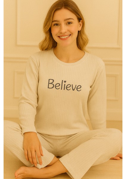Kadın Believe Işlemeli ve Fitilli Bisiklet Yaka Uzun Kol Altı Uzun Pamuklu Pijama Takımı