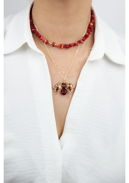 Arı Figür Mercan Doğal Taş Kolye