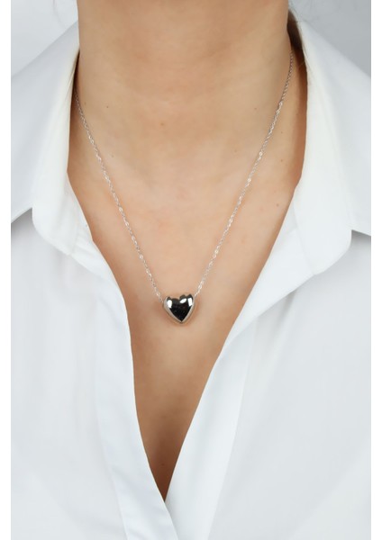 Gümüş Renk Pirinç Zincir Kalp Uçlu Kolye
