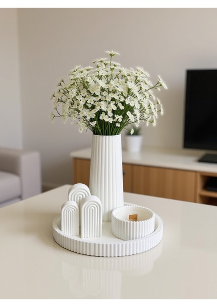 Modern Soft Dekor Seti – 6 Parça Beyaz Vazo - Mumluk - Dekoratif Obje Takımı