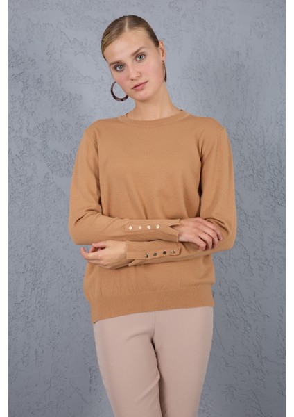 Kadın Bej Çıtçıtlı Kollu Bisiklet Yaka Triko Bluz