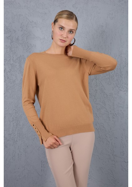 Kadın Bej Çıtçıtlı Kollu Bisiklet Yaka Triko Bluz fiyatları