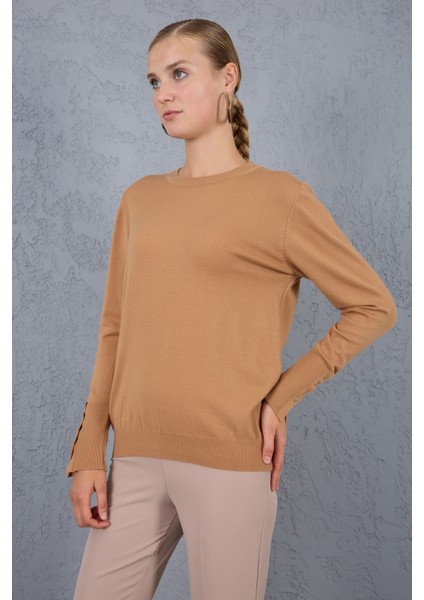 Kadın Bej Çıtçıtlı Kollu Bisiklet Yaka Triko Bluz modelleri