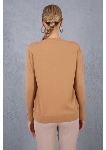 Kadın Bej Çıtçıtlı Kollu Bisiklet Yaka Triko Bluz fırsatları