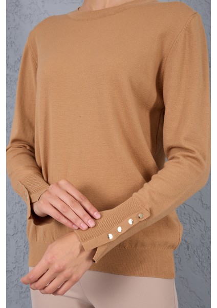 Kadın Bej Çıtçıtlı Kollu Bisiklet Yaka Triko Bluz indirimleri