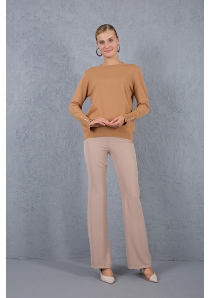 Kadın Bej Çıtçıtlı Kollu Bisiklet Yaka Triko Bluz