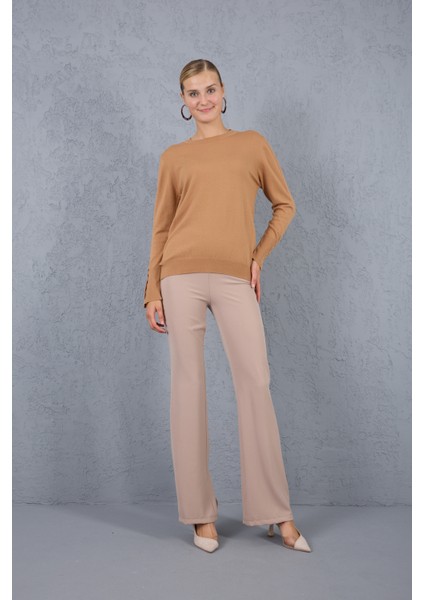 Kadın Bej Çıtçıtlı Kollu Bisiklet Yaka Triko Bluz