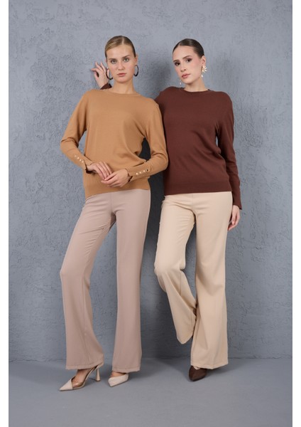 Kadın Bej Çıtçıtlı Kollu Bisiklet Yaka Triko Bluz