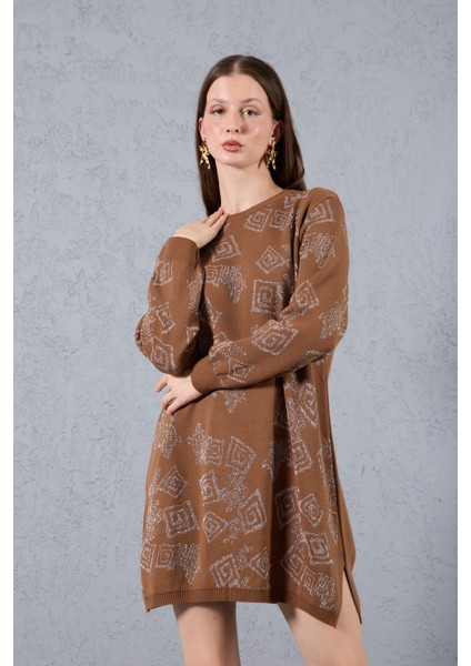 Kadın Taba Yan Yırtmaçlı Bisiklet Yaka Sim Desenli Triko Bluz fiyatları