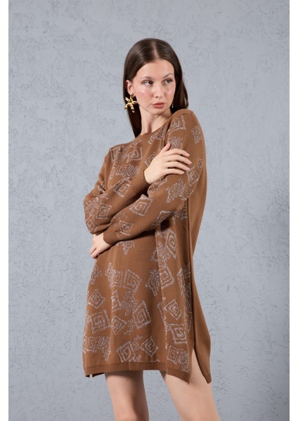 Kadın Taba Yan Yırtmaçlı Bisiklet Yaka Sim Desenli Triko Bluz fırsatları