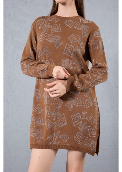 Kadın Taba Yan Yırtmaçlı Bisiklet Yaka Sim Desenli Triko Bluz indirimleri