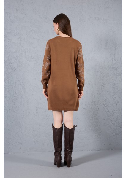 Kadın Taba Yan Yırtmaçlı Bisiklet Yaka Sim Desenli Triko Bluz