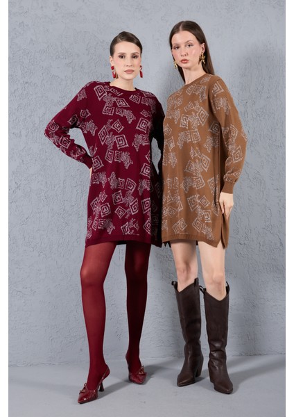 Kadın Taba Yan Yırtmaçlı Bisiklet Yaka Sim Desenli Triko Bluz