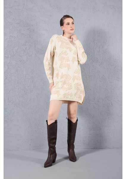 Kadın Ekru Yan Yırtmaçlı Bisiklet Yaka Sim Desenli Triko Bluz