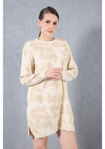 Kadın Ekru Yan Yırtmaçlı Bisiklet Yaka Sim Desenli Triko Bluz fiyatları