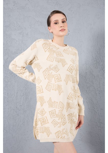 Kadın Ekru Yan Yırtmaçlı Bisiklet Yaka Sim Desenli Triko Bluz modelleri