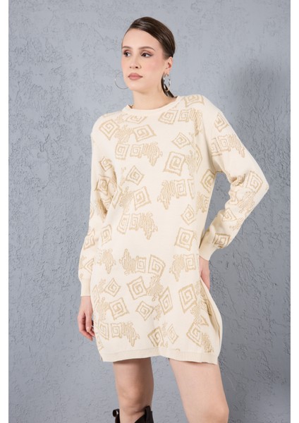 Kadın Ekru Yan Yırtmaçlı Bisiklet Yaka Sim Desenli Triko Bluz fırsatları