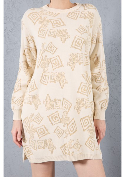 Kadın Ekru Yan Yırtmaçlı Bisiklet Yaka Sim Desenli Triko Bluz indirimleri