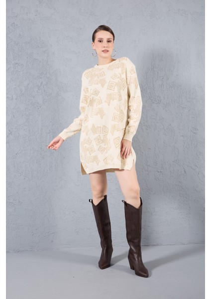 Kadın Ekru Yan Yırtmaçlı Bisiklet Yaka Sim Desenli Triko Bluz