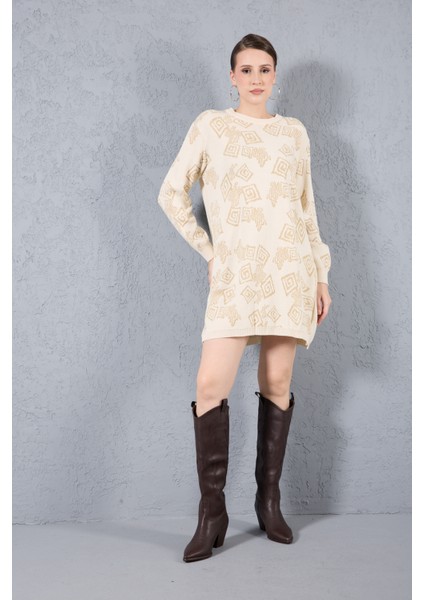 Kadın Ekru Yan Yırtmaçlı Bisiklet Yaka Sim Desenli Triko Bluz