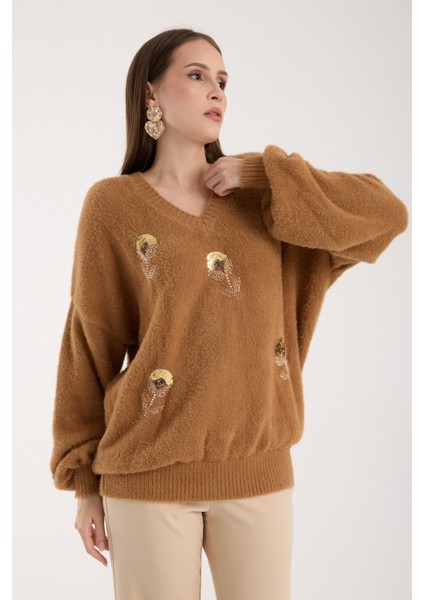Kadın Taba Sakal Iplik Balon Kollu Boncuk Nakışlı V Yaka Triko Kazak fiyatları