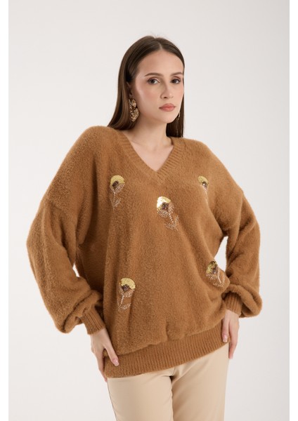 Kadın Taba Sakal Iplik Balon Kollu Boncuk Nakışlı V Yaka Triko Kazak indirimleri