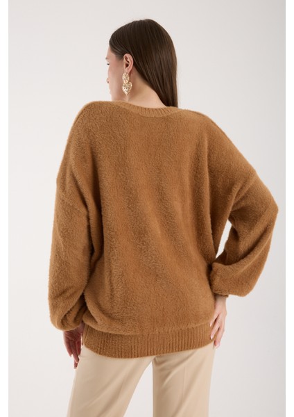 Kadın Taba Sakal Iplik Balon Kollu Boncuk Nakışlı V Yaka Triko Kazak