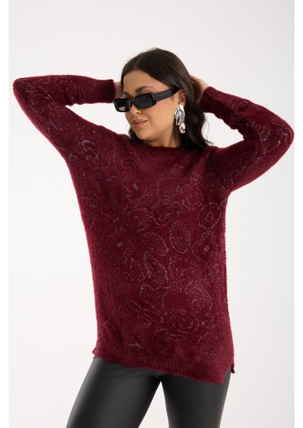 Kadın Bordo Simli Sakal Iplik Yan Yırtmaçlı Bisiklet Yaka Triko Kazak