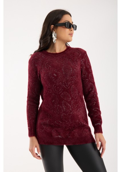 Kadın Bordo Simli Sakal Iplik Yan Yırtmaçlı Bisiklet Yaka Triko Kazak fiyatları