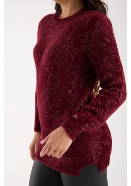Kadın Bordo Simli Sakal Iplik Yan Yırtmaçlı Bisiklet Yaka Triko Kazak modelleri