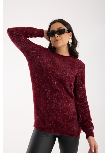 Kadın Bordo Simli Sakal Iplik Yan Yırtmaçlı Bisiklet Yaka Triko Kazak fırsatları