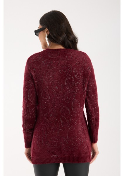 Kadın Bordo Simli Sakal Iplik Yan Yırtmaçlı Bisiklet Yaka Triko Kazak indirimleri