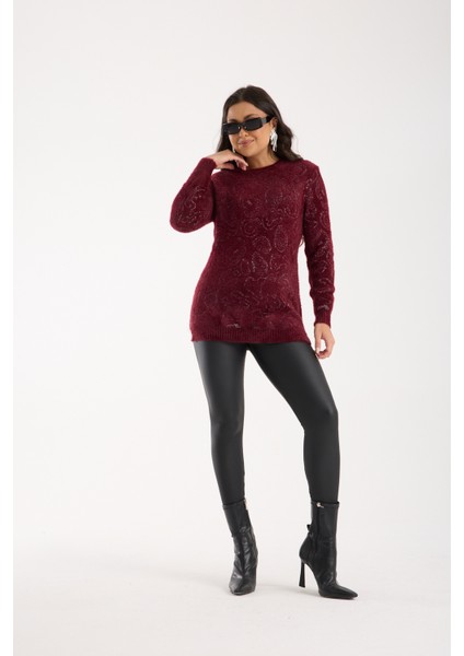 Kadın Bordo Simli Sakal Iplik Yan Yırtmaçlı Bisiklet Yaka Triko Kazak