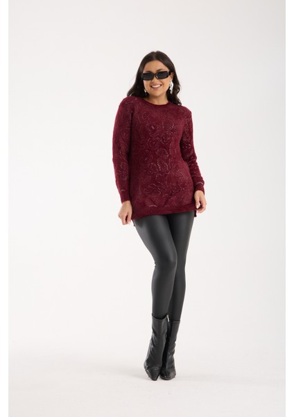 Kadın Bordo Simli Sakal Iplik Yan Yırtmaçlı Bisiklet Yaka Triko Kazak