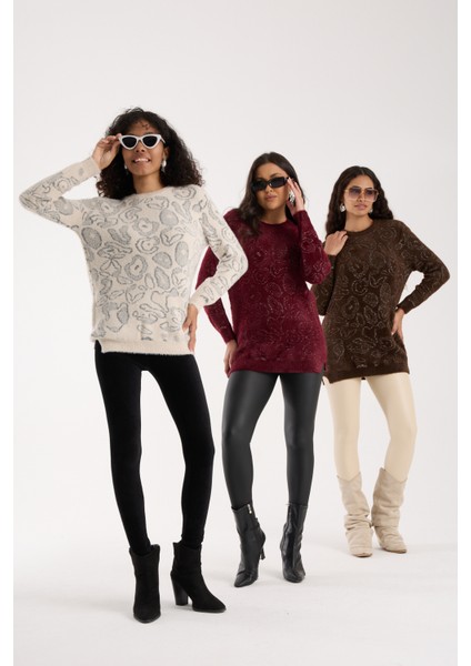 Kadın Bordo Simli Sakal Iplik Yan Yırtmaçlı Bisiklet Yaka Triko Kazak